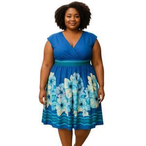 Liz Claiborne Women's Size 20W Blue Floral skirt Surplice Sleeveless Dress